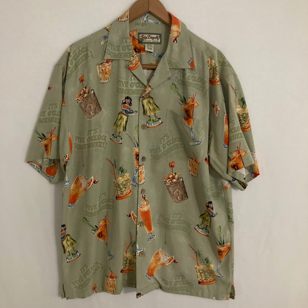 Big Dogs Silk Hawaiian Shirt Men M Loop Collar 5 O'Clock Somewhere Hula Girl